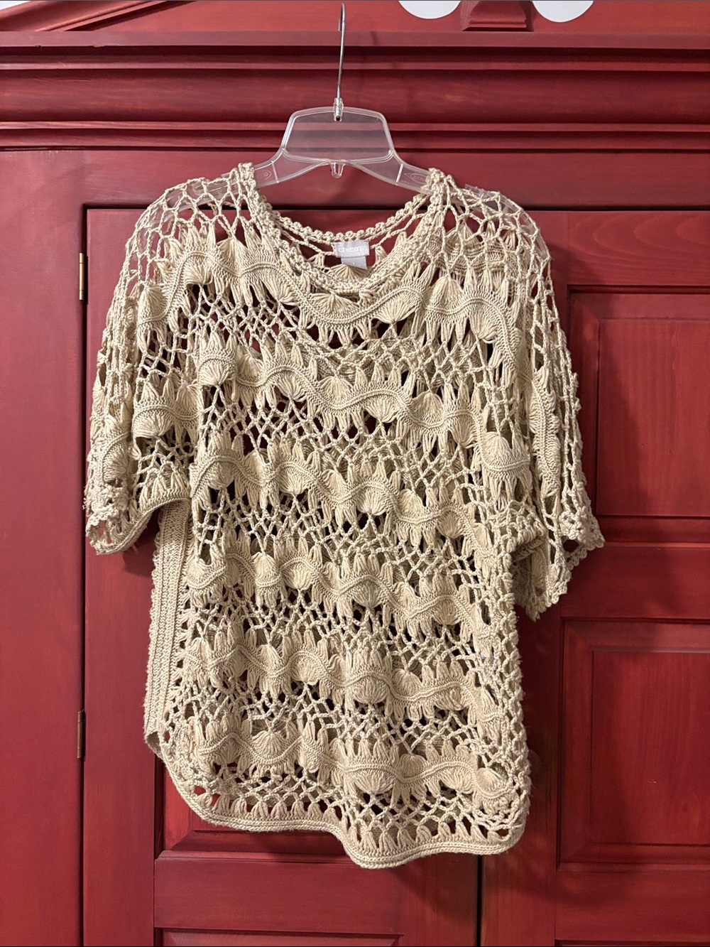 Chico's Open-Knit Crochet Short-Sleeve Top in Beige
